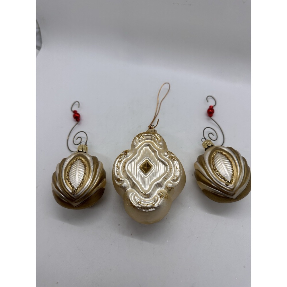 Set 3 Glass Christmas Ornaments‎ Gold Pearl Glitter Hand Painted Holiday Decor